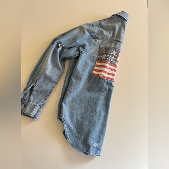 ✨Distressed Denim Shirt with American Flag Patch✨ - Picture 8 of 8